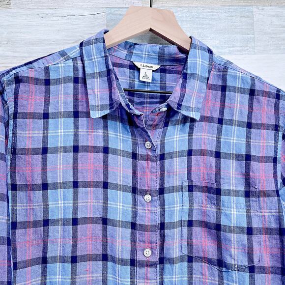 LL Bean Premium Washable 100% European Linen Tunic Shirt Plaid Womens Large - Picture 2 of 6